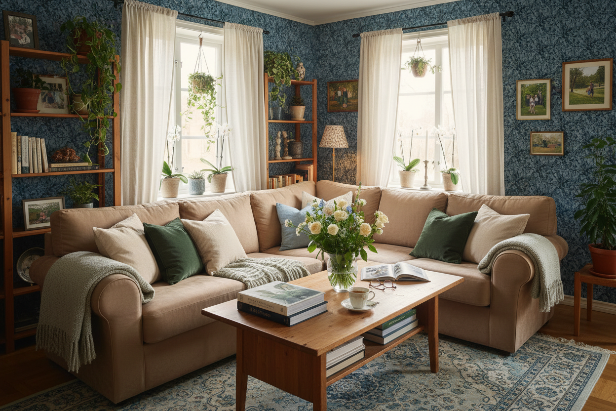 Schersmin - Blå - Klassisk tapet med djup färg och lantlig charm