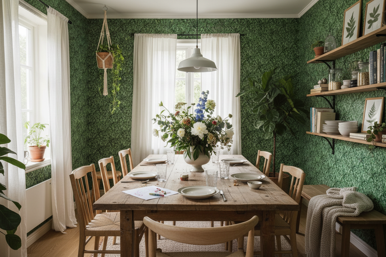 Schersmin - Grön - Klassisk tapet med djup färg och lantlig charm