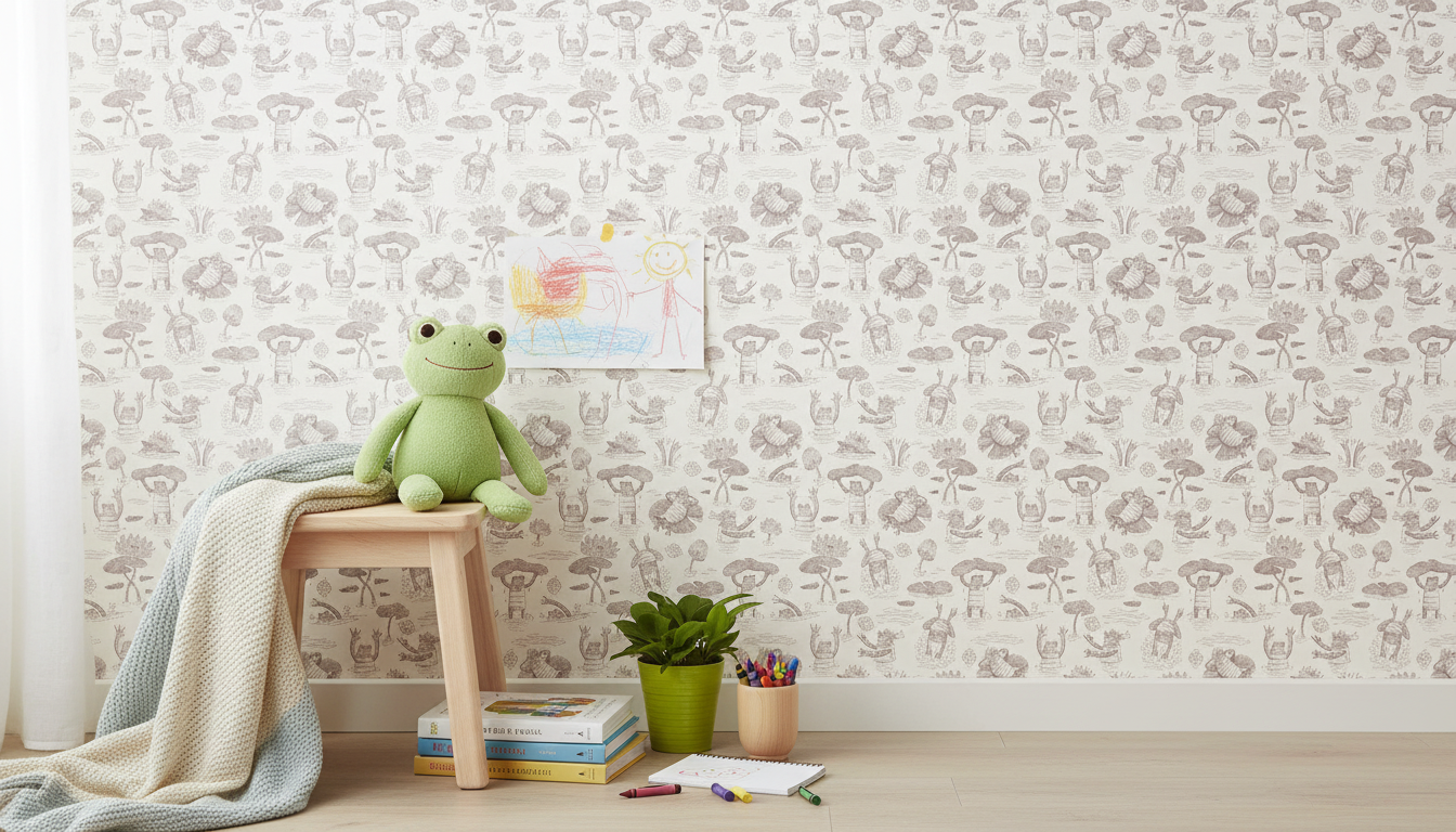 Badgroda - Grå - Barnrumstapet med grodor och näckrosor
