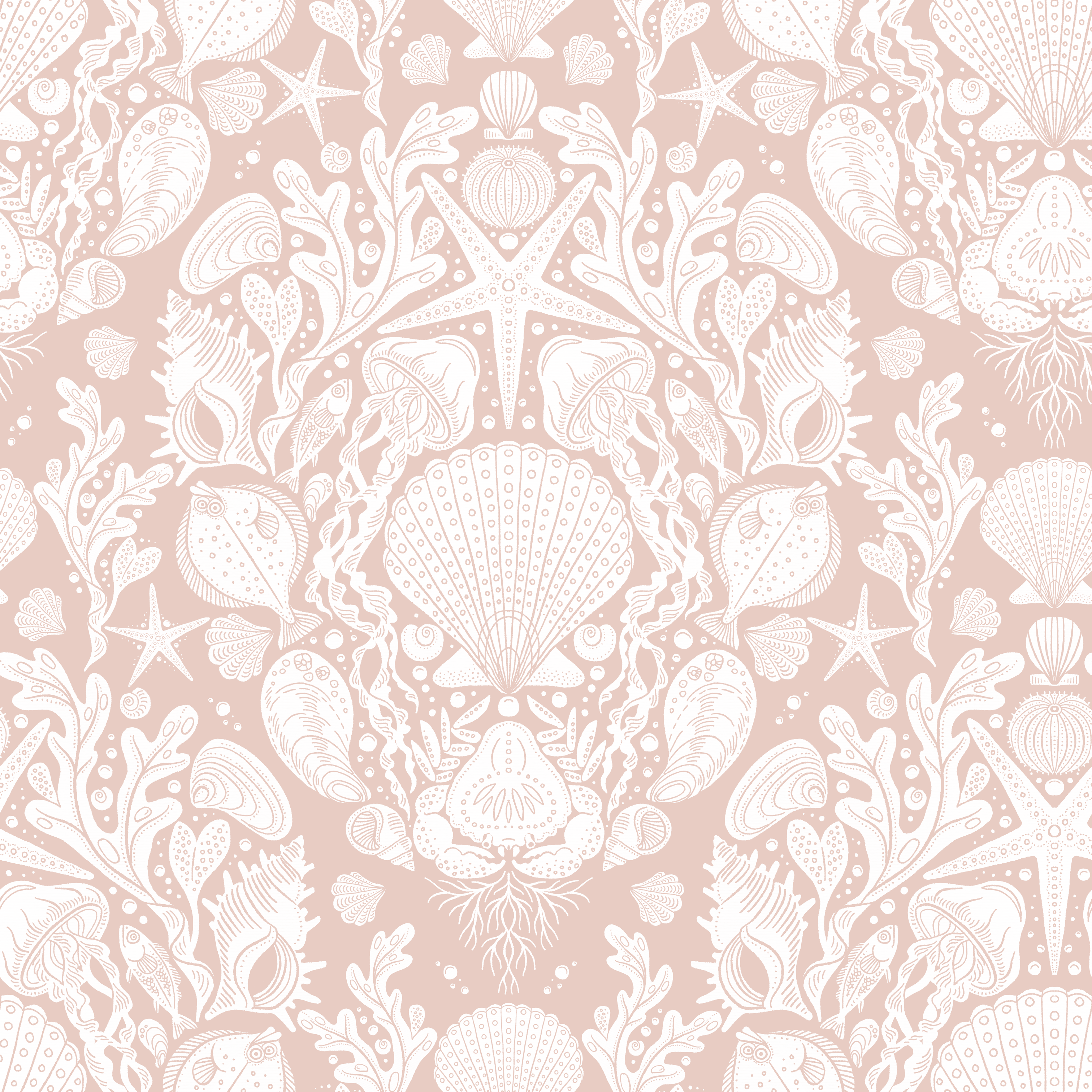 Deep Sea Damask - Blush – Marin tapet med havsdjur och växter