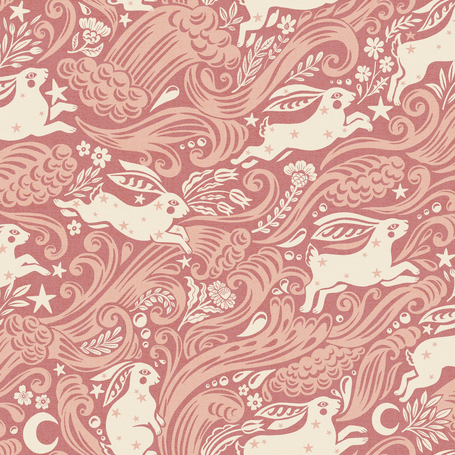 Celestial Sea Rabbit - half drop - Varm Rosa – Lekfull tapet med havskaniner i varm rosa