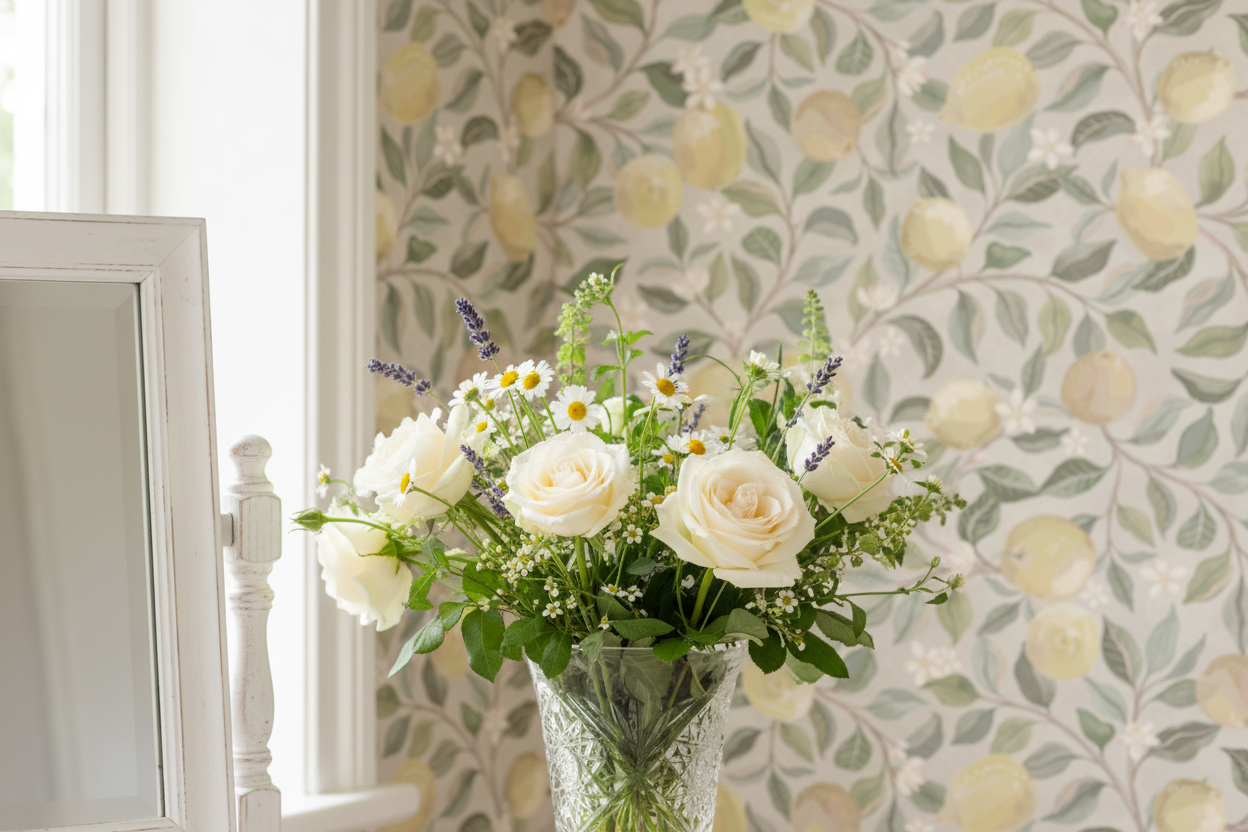 Reval Wallpaper Luscious Lemons - Pearl Stucco - Tapet med citroner i pastellfärger – högkvalitativ tapet för en personlig...