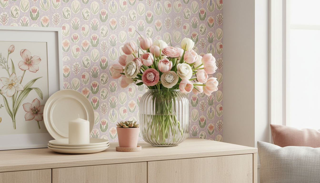 Vårrabatt Lilac - Blommig tapet med vårens fräschör