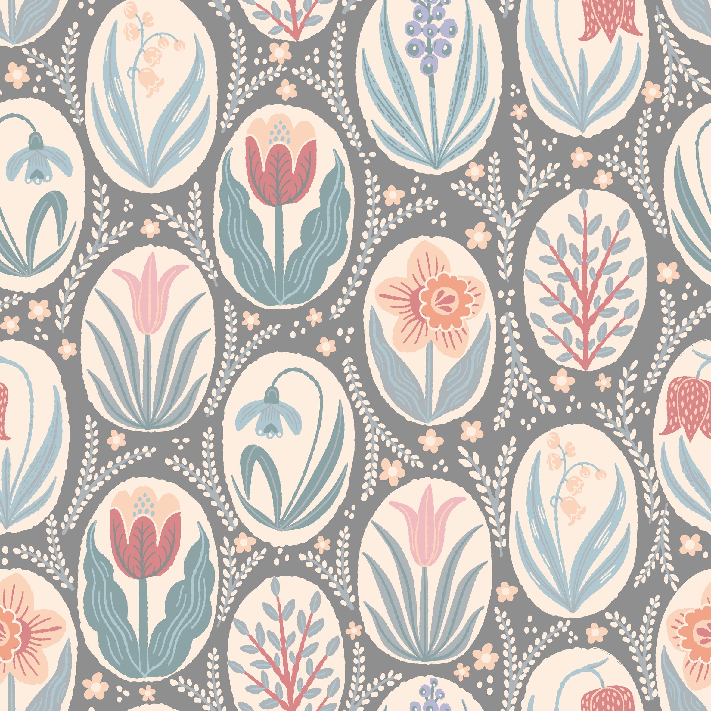 Vårrabatt Stone – Blommig tapet med vårens fräscha färger