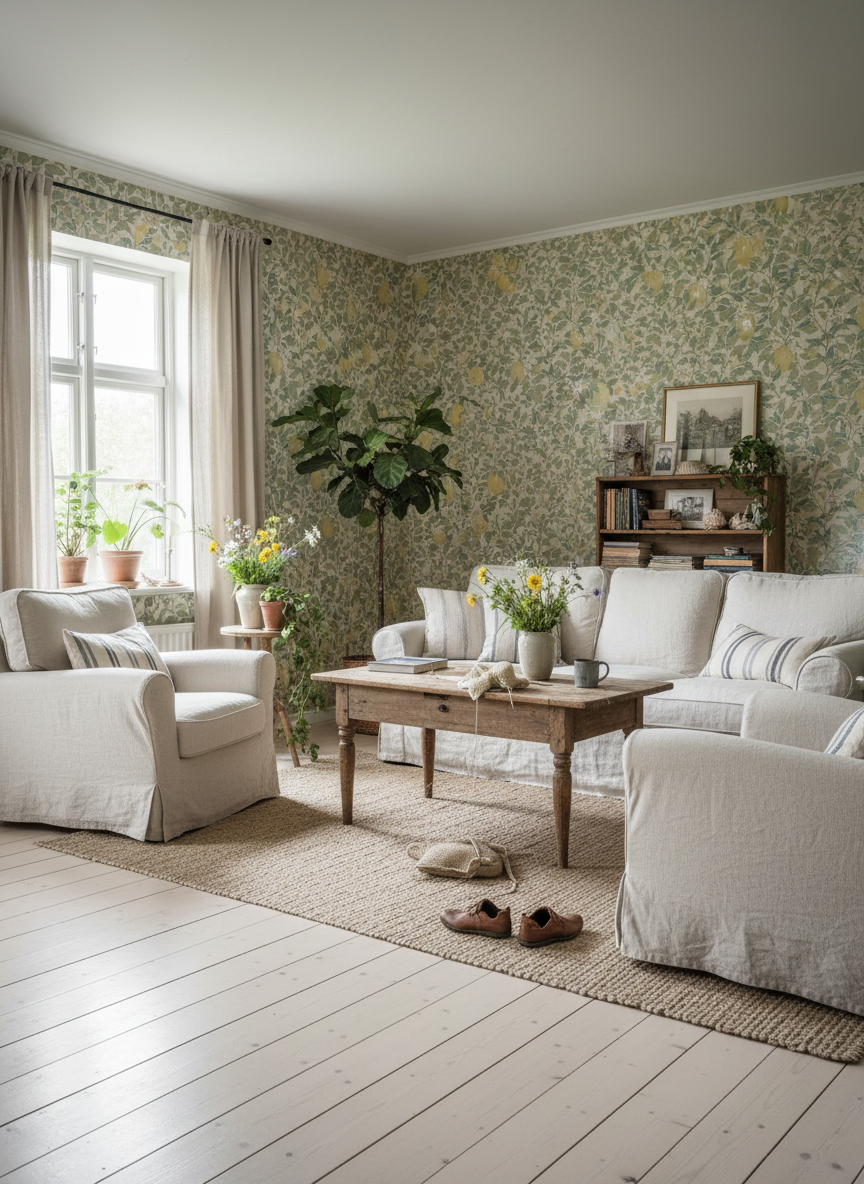 Lemongarden - Sand - Citronmönstrad tapet i ljusa sandfärger