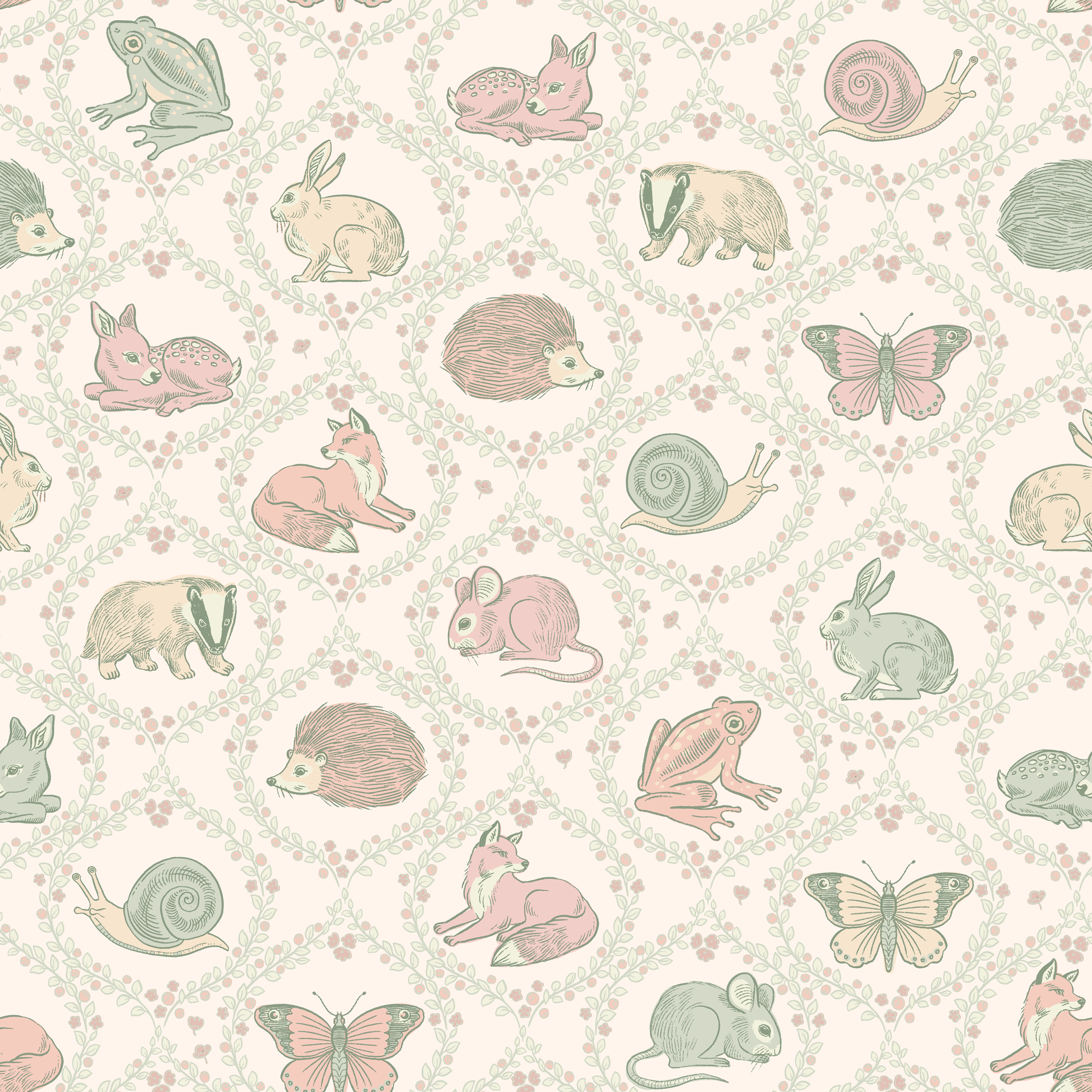 Forest Guest List Ogee - Green – Forest animals in a beautiful ogee wallpaper