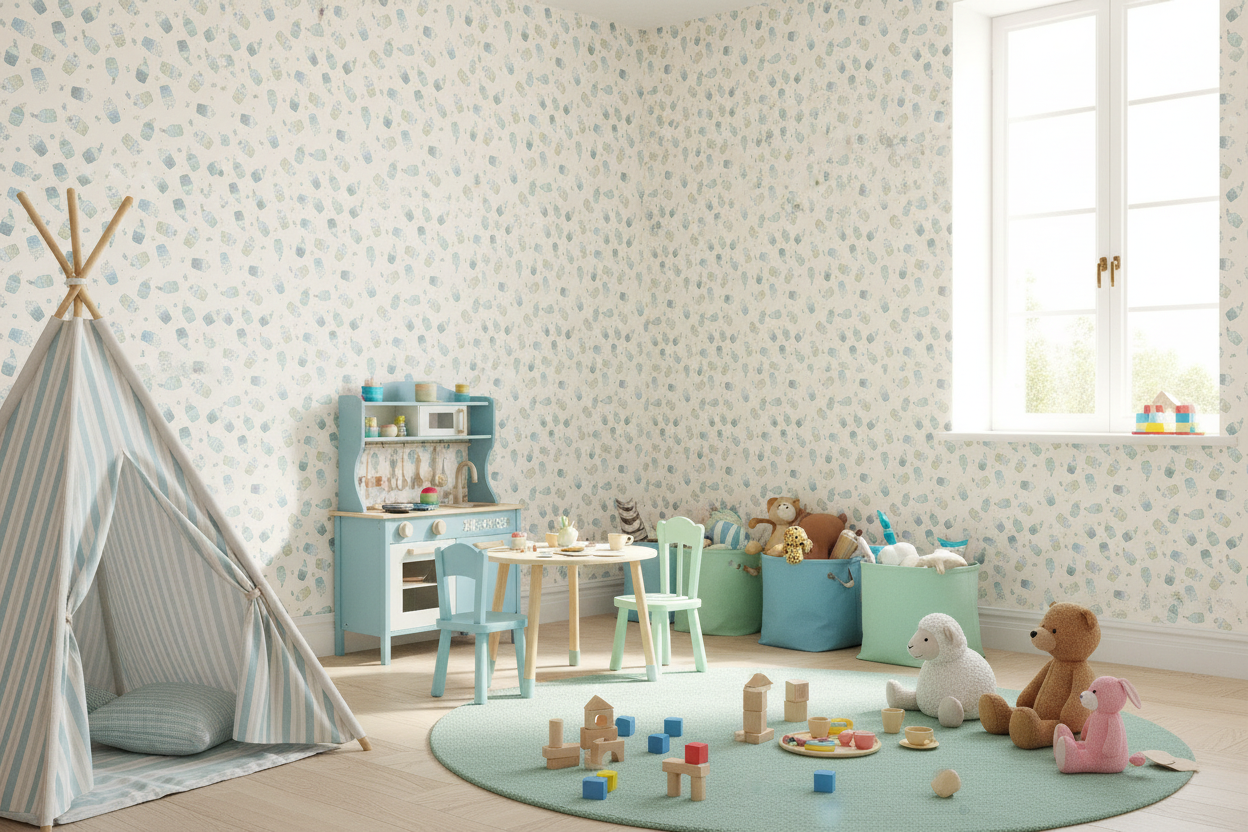 Reval Wallpaper Cupcakes - Blå – Söt barntapet med flygande cupcakes – högkvalitativ tapet för en personlig och harmonisk ...