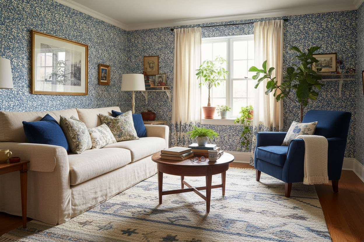 Boughs - Blå - Elegant tapet med handritade blad i blå toner