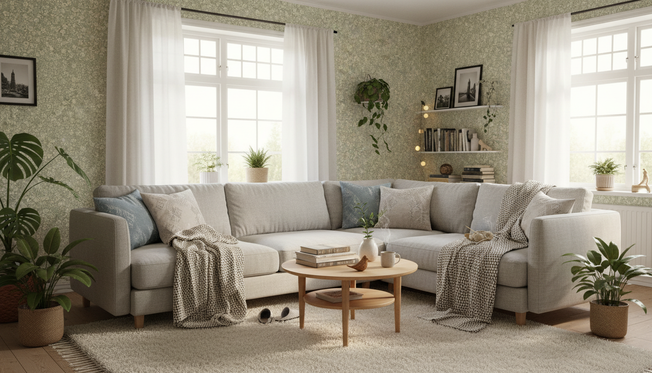 Reval Wallpaper Joanie - Half Drop - Sage – Elegant tapet med gröna blommor – högkvalitativ tapet för en personlig och har...