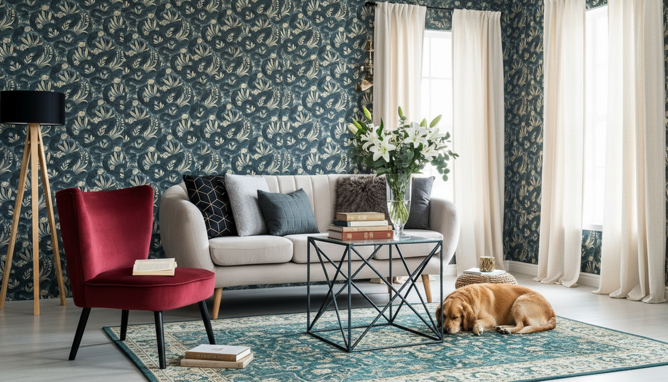 Space Serpent - Teal Blå/Beige Tapet med slingrande ormar och växter