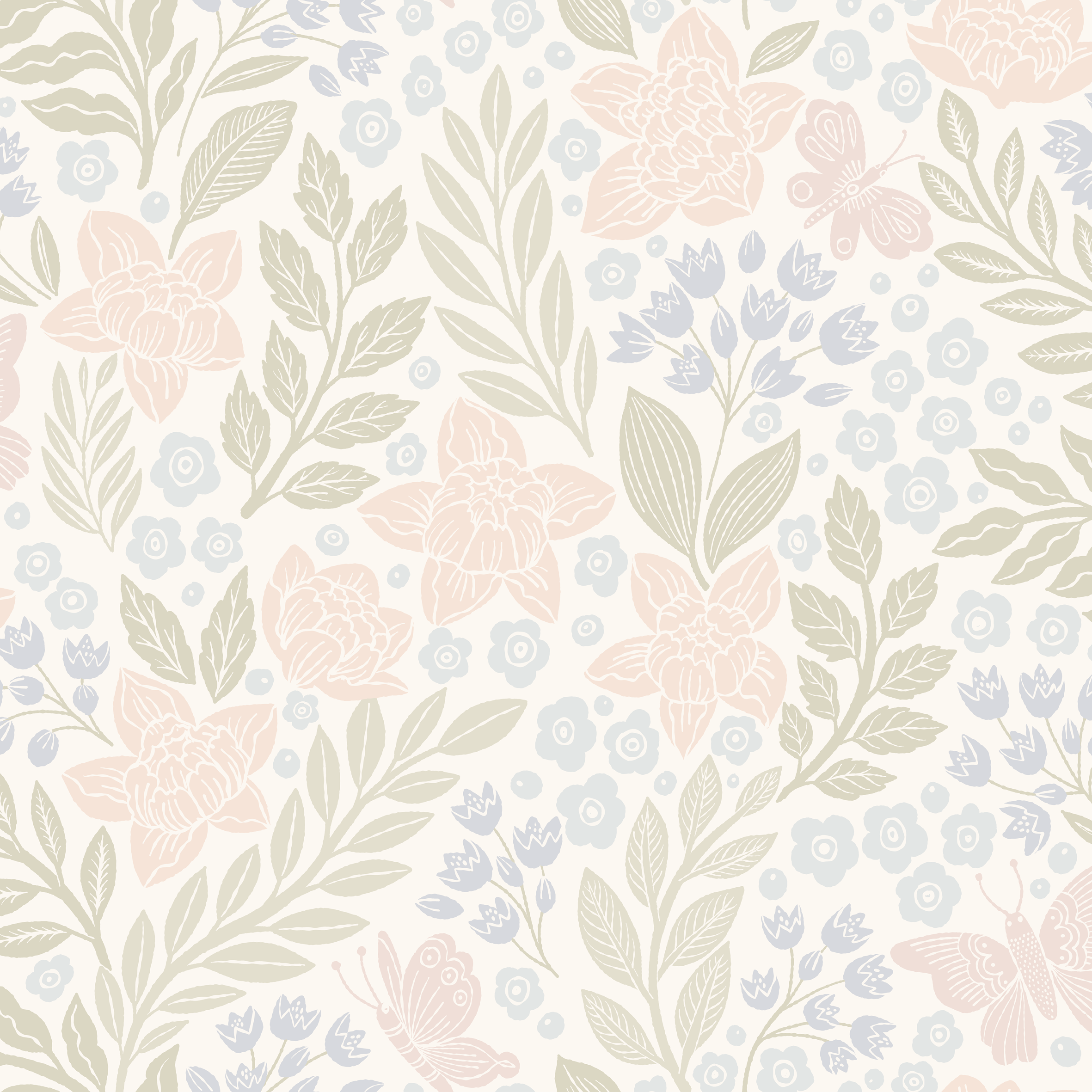 Butterfly Garden half drop - Multi - Romantisk blommig tapet