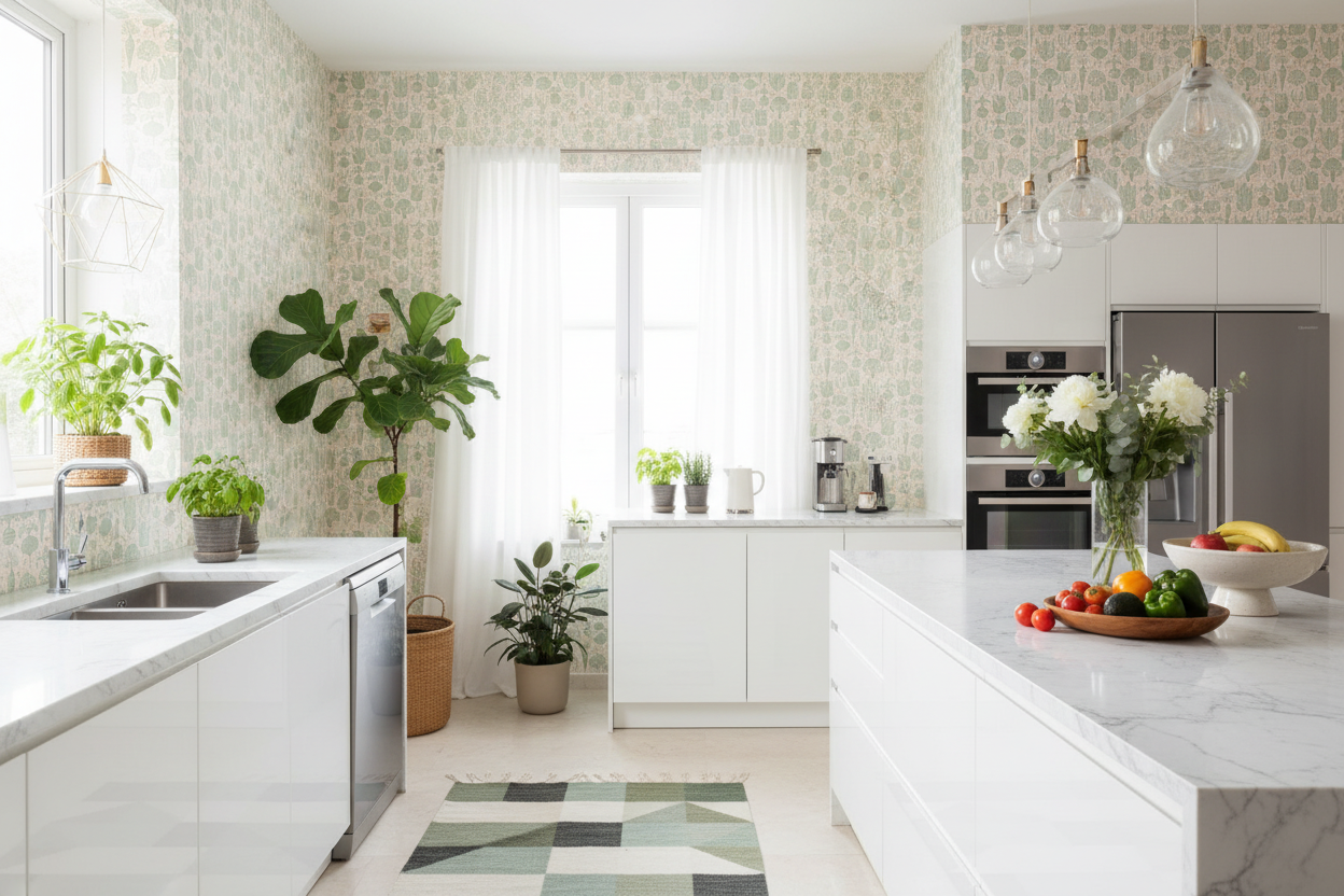 Reval Wallpaper Grönsaksgården - Salvia - Kökstapet med grönsaker – högkvalitativ tapet för en personlig och harmonisk vägg