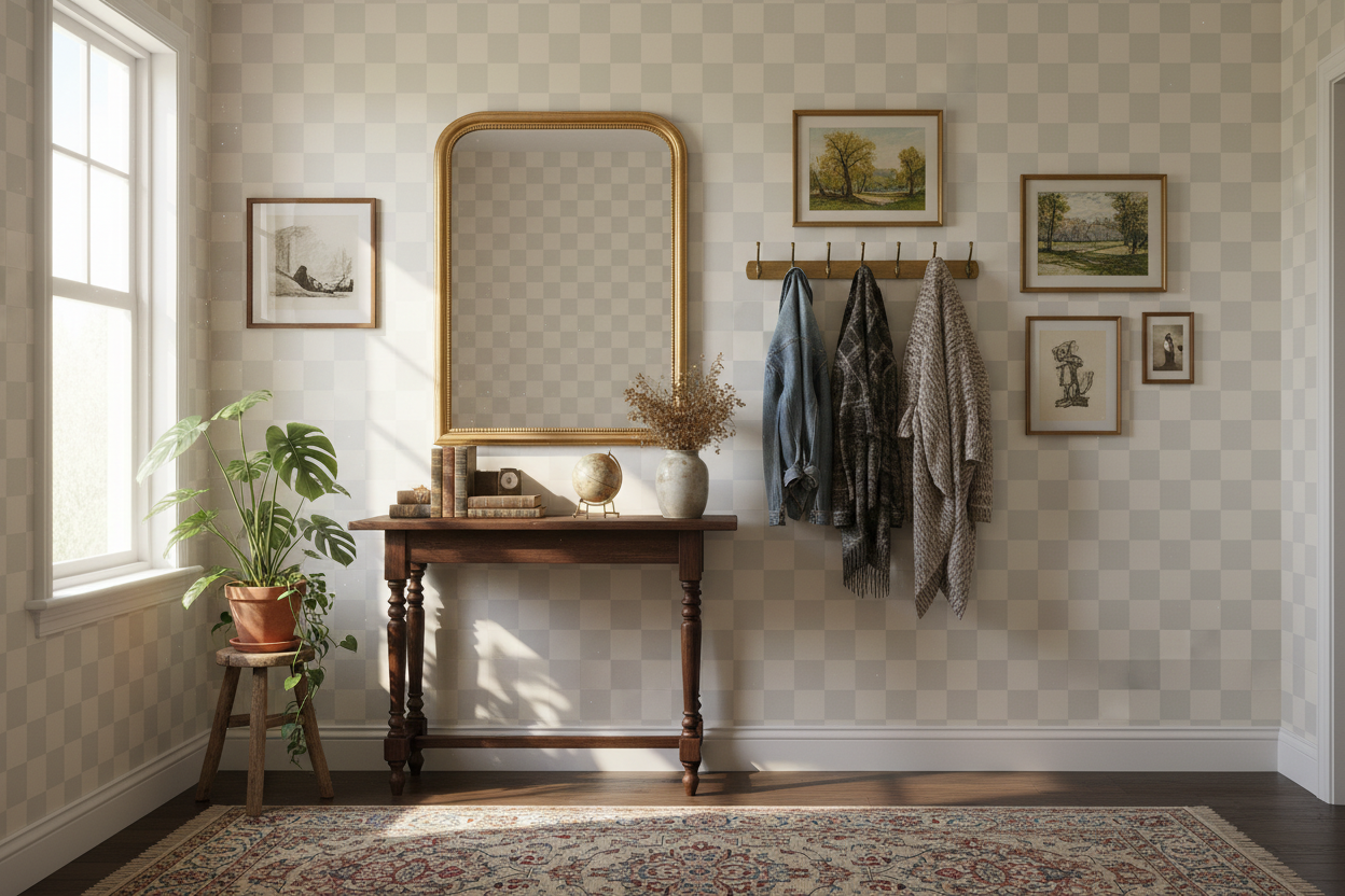 Reval Wallpaper Checkers - Pearl - Tapet med rutigt mönster i gråbeige – högkvalitativ tapet för en personlig och harmonis...