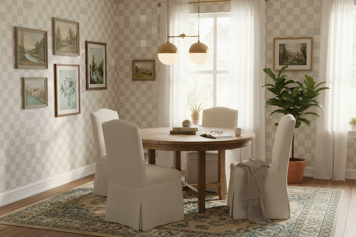 Reval Wallpaper Checkers - Pearl - Tapet med rutigt mönster i gråbeige – högkvalitativ tapet för en personlig och harmonis...