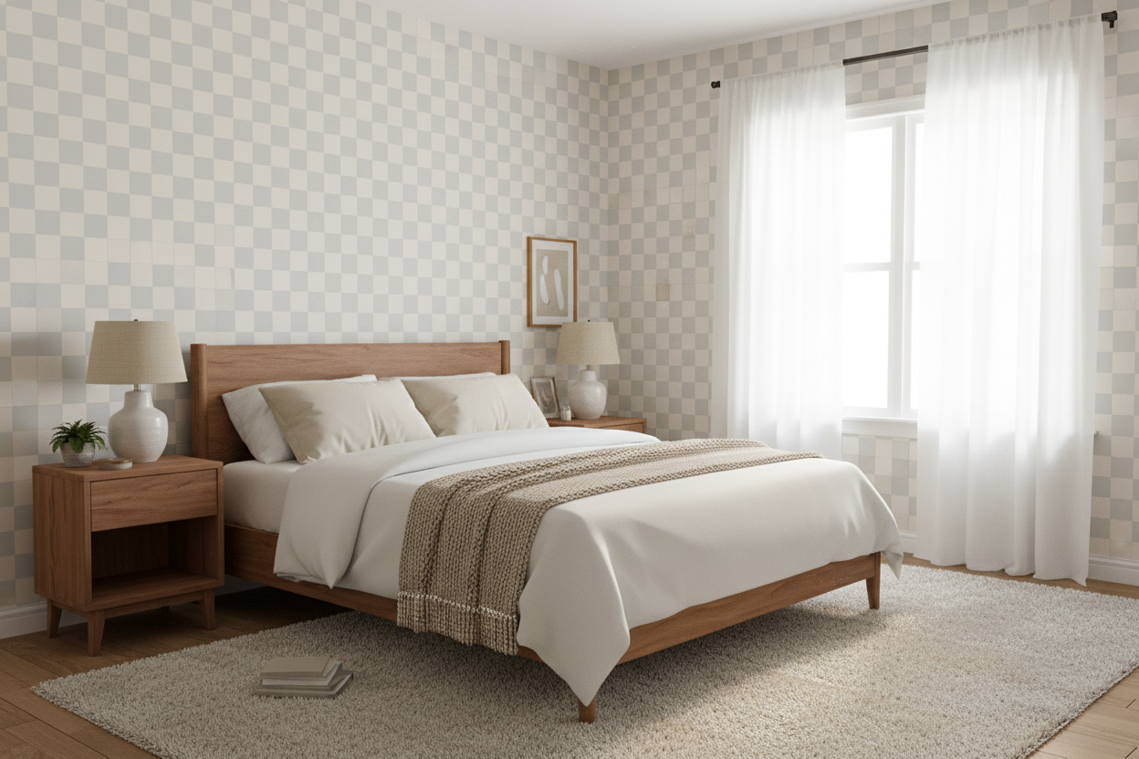 Reval Wallpaper Checkers - Pearl - Tapet med rutigt mönster i gråbeige – högkvalitativ tapet för en personlig och harmonis...
