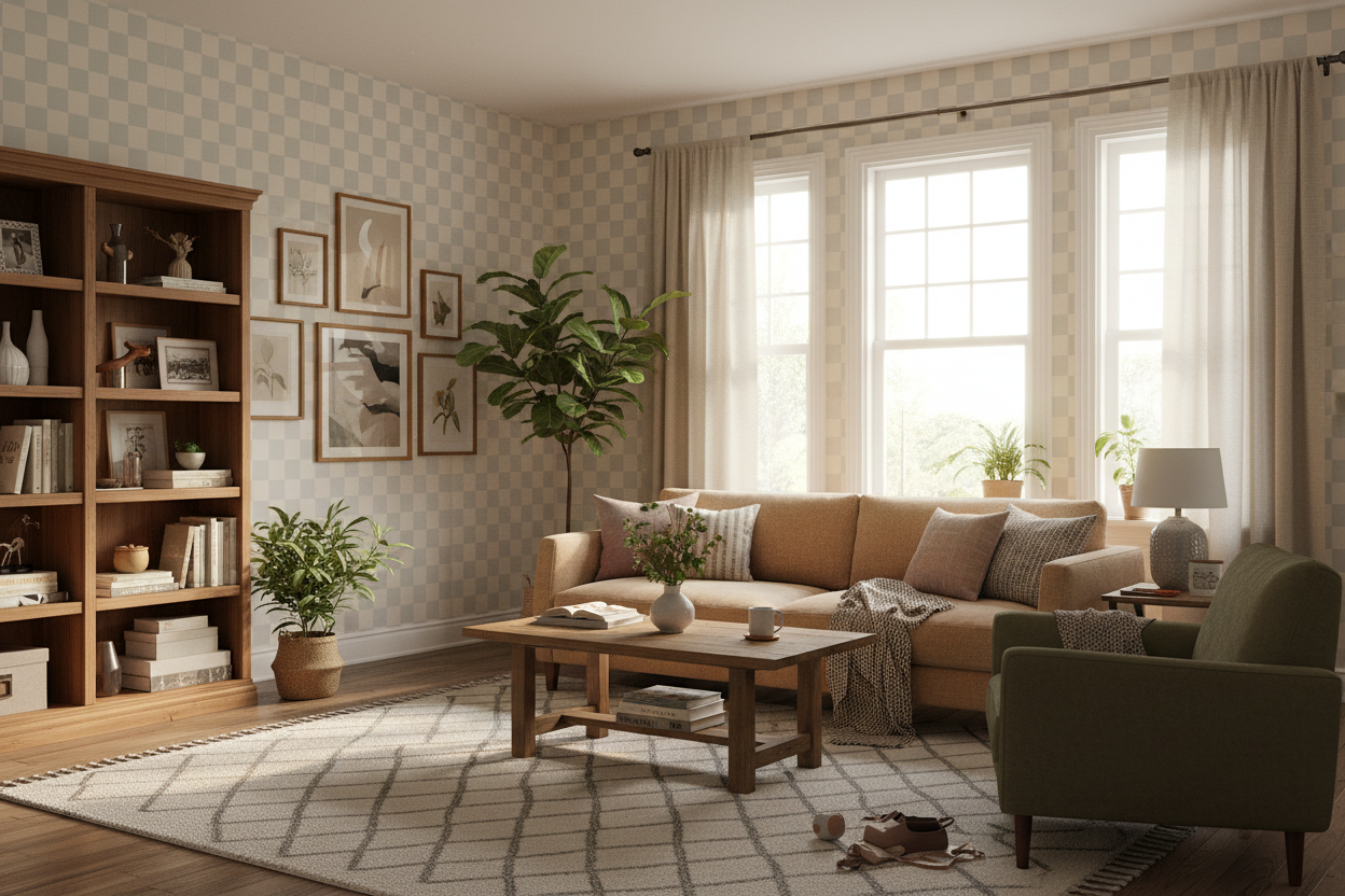 Reval Wallpaper Checkers - Pearl - Tapet med rutigt mönster i gråbeige – högkvalitativ tapet för en personlig och harmonis...