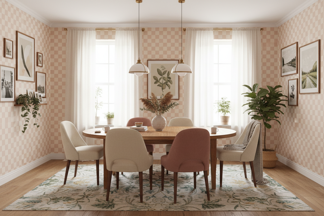 Reval Wallpaper Checkers - Sand - Tapet med rutigt mönster i rosa och beige – högkvalitativ tapet för en personlig och har...