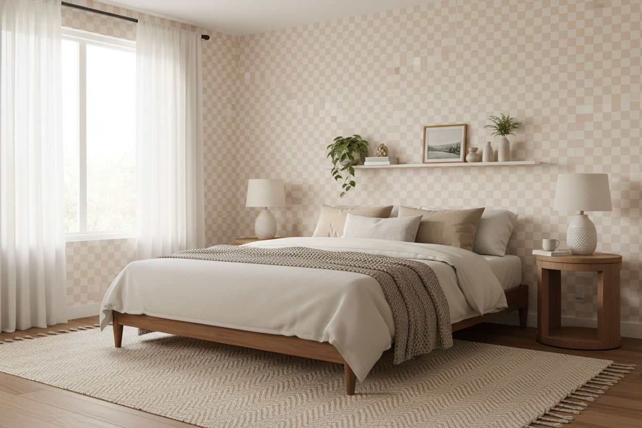 Reval Wallpaper Checkers - Sand - Tapet med rutigt mönster i rosa och beige – högkvalitativ tapet för en personlig och har...