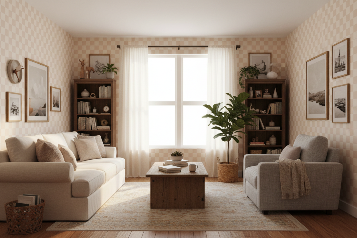 Reval Wallpaper Checkers - Sand - Tapet med rutigt mönster i rosa och beige – högkvalitativ tapet för en personlig och har...