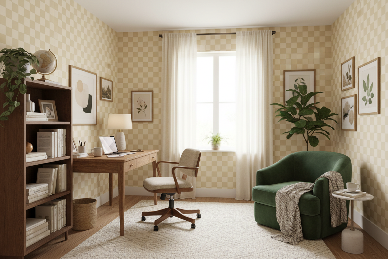 Reval Wallpaper Checkers - Wheat - Tapet med rutigt mönster i gult och beige – högkvalitativ tapet för en personlig och ha...