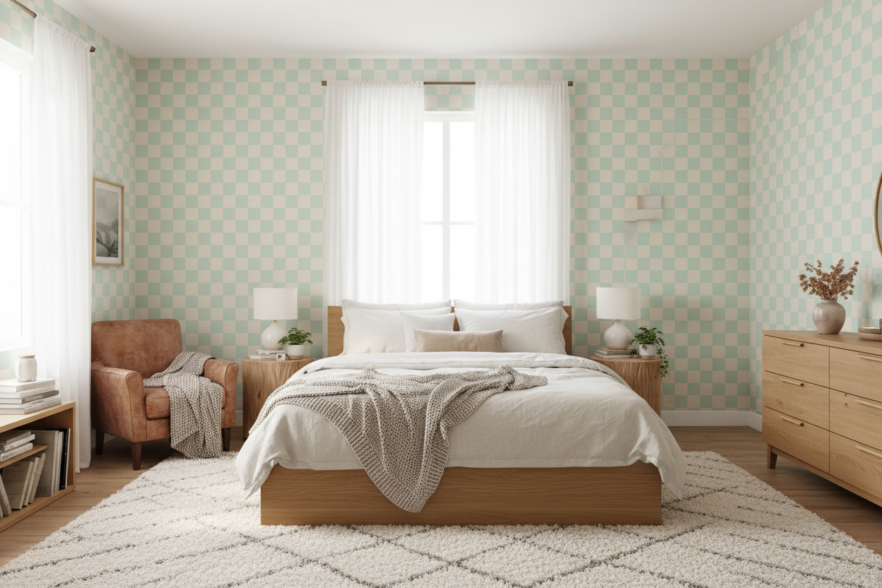 Reval Wallpaper Checkers - Mint - Tapet med rutigt mönster i grönt och beige – högkvalitativ tapet för en personlig och ha...