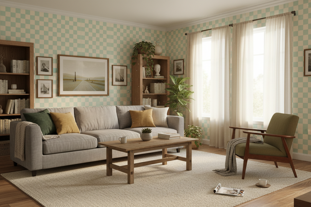Reval Wallpaper Checkers - Mint - Tapet med rutigt mönster i grönt och beige – högkvalitativ tapet för en personlig och ha...