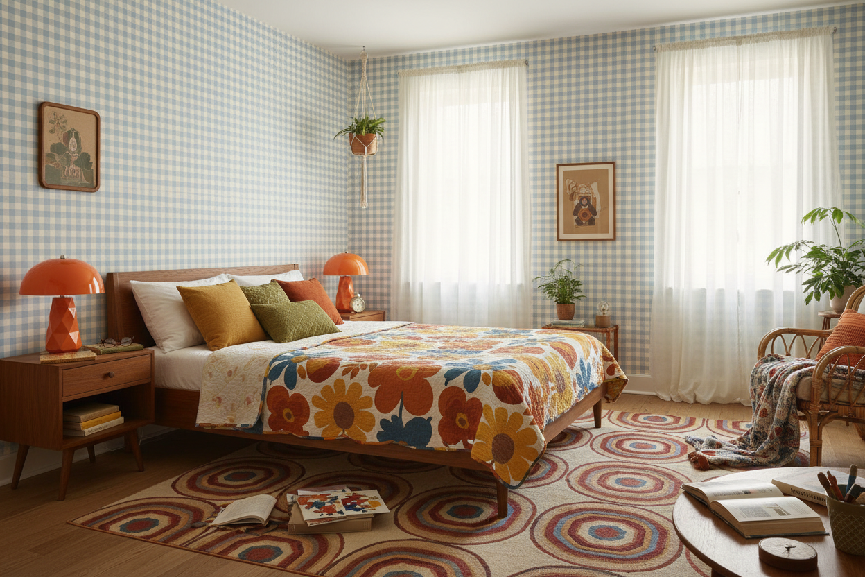 Gingham - Sky - Klassisk tapet med rutmönster i ljusblått