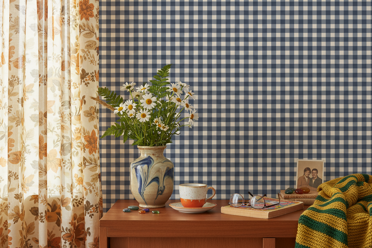 Reval Wallpaper Gingham - Pyjamas - Klassisk tapet med rutmönster i blågrått – högkvalitativ tapet för en personlig och ha...