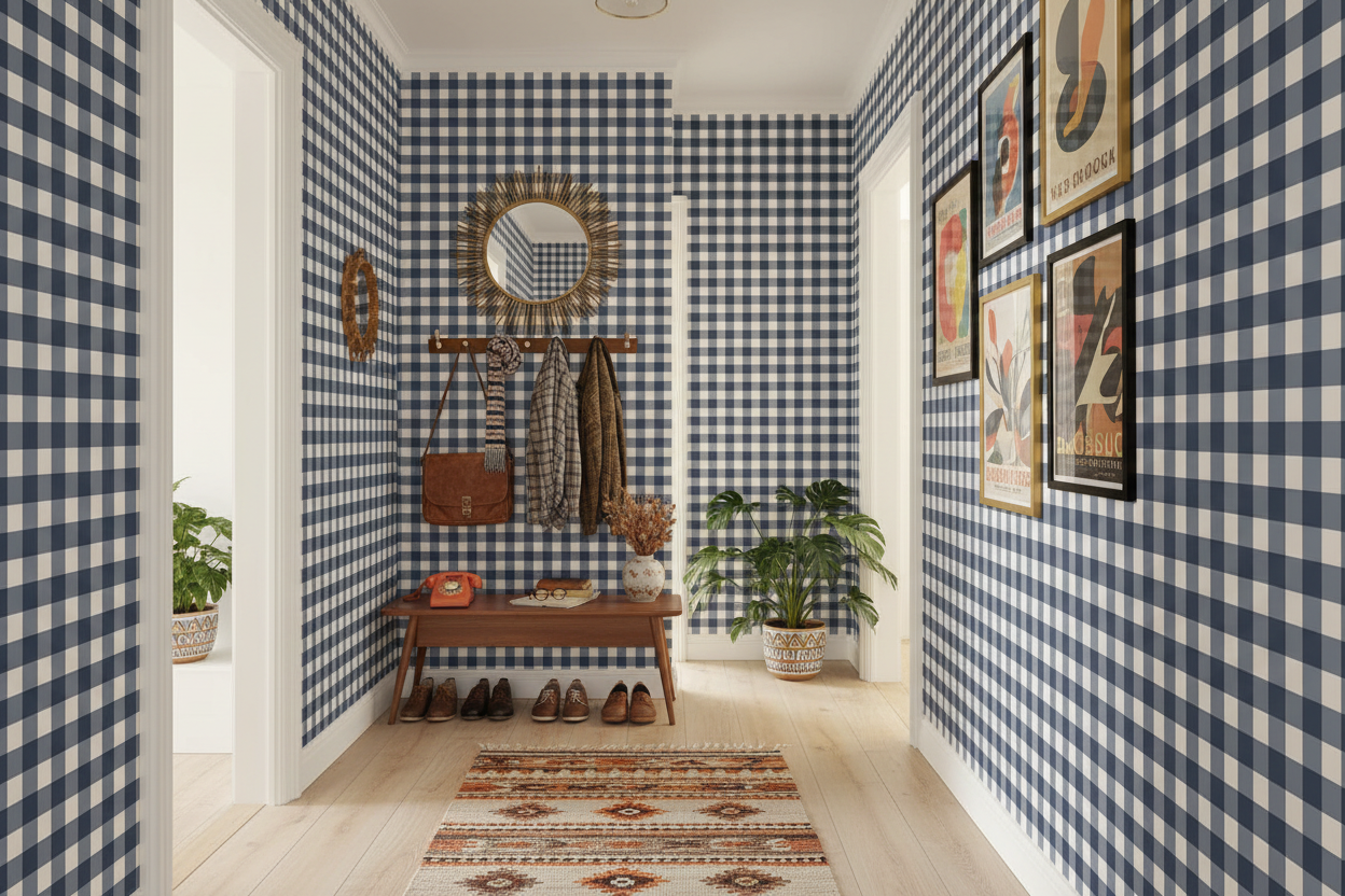 Reval Wallpaper Gingham - Pyjamas - Klassisk tapet med rutmönster i blågrått – högkvalitativ tapet för en personlig och ha...