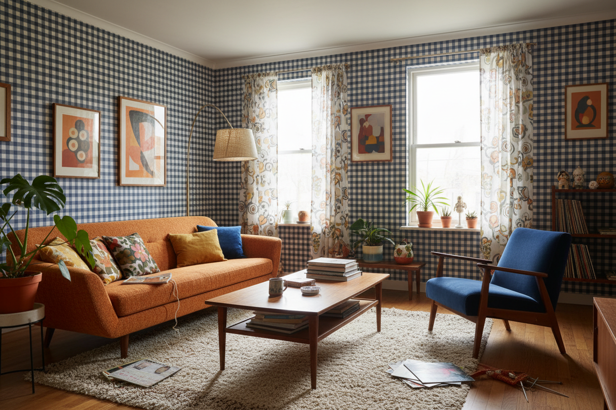 Gingham - Pyjamas - Klassisk tapet med rutmönster i blågrått