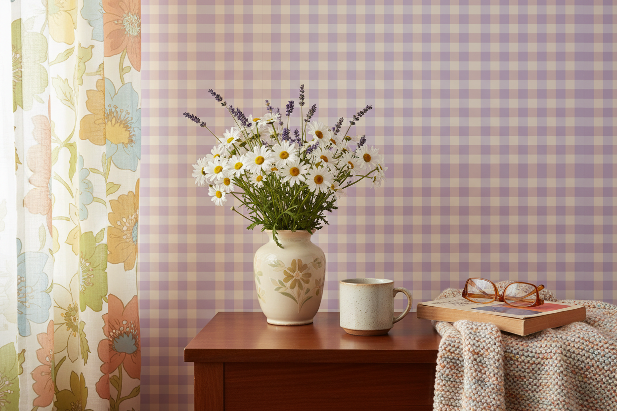 Reval Wallpaper Gingham - Lilac - Klassisk tapet med rutmönster i lila – högkvalitativ tapet för en personlig och harmonis...
