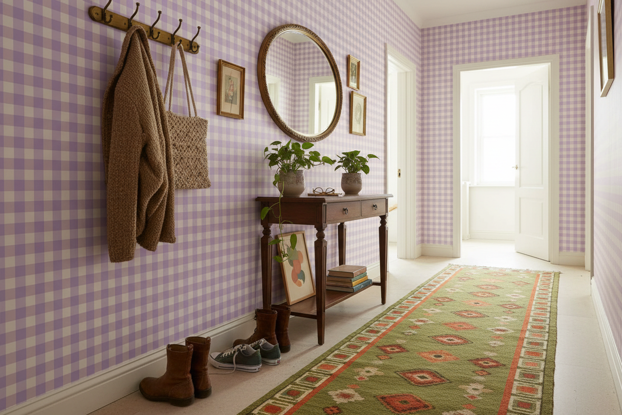 Reval Wallpaper Gingham - Lilac - Klassisk tapet med rutmönster i lila – högkvalitativ tapet för en personlig och harmonis...