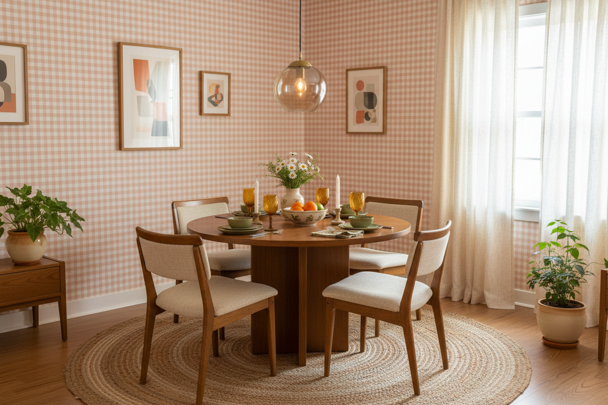Reval Wallpaper Gingham - Peach - Klassisk tapet med rutmönster i persika – högkvalitativ tapet för en personlig och harmo...