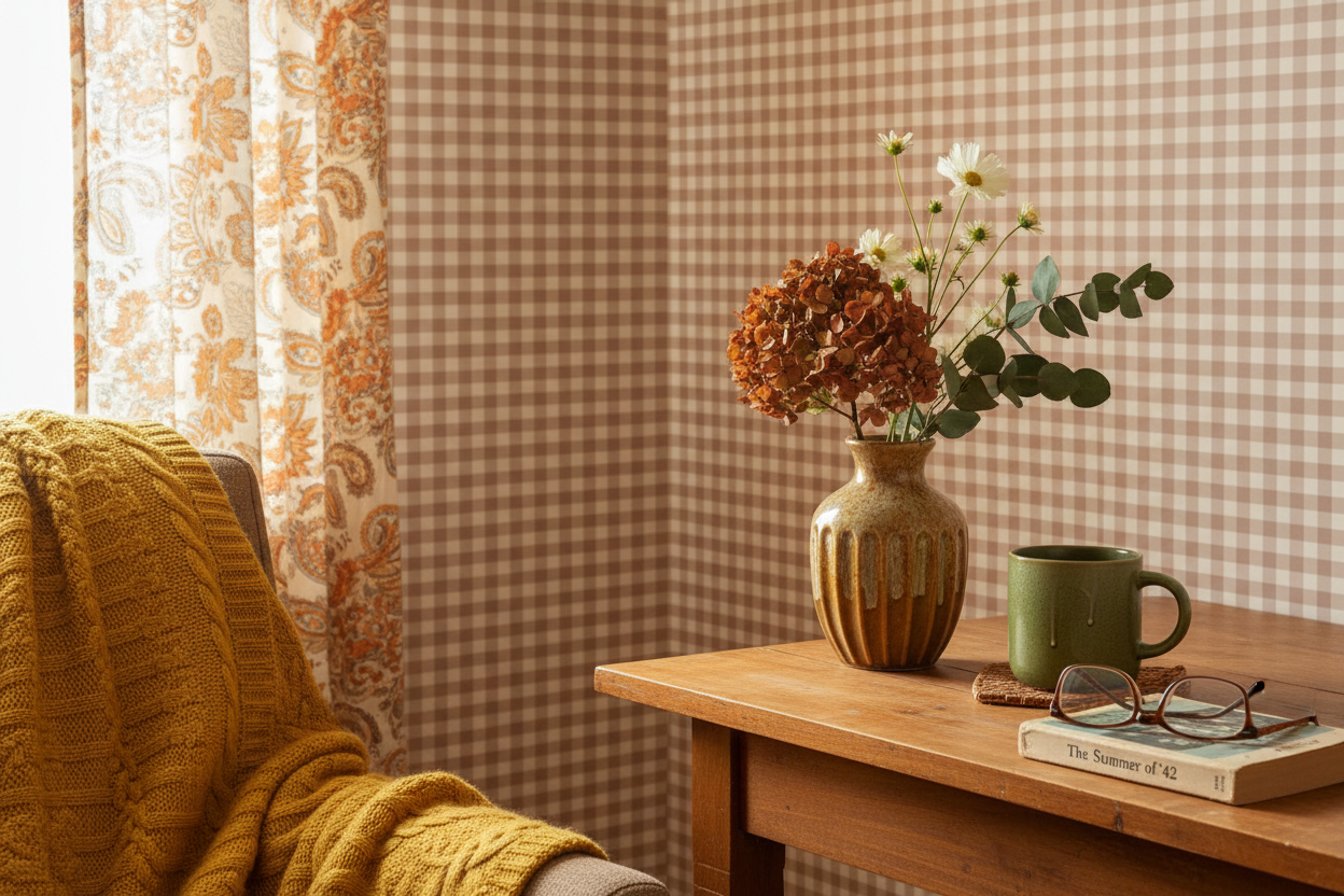 Reval Wallpaper Gingham - Mole - Klassisk tapet med rutmönster i brunt – högkvalitativ tapet för en personlig och harmonis...