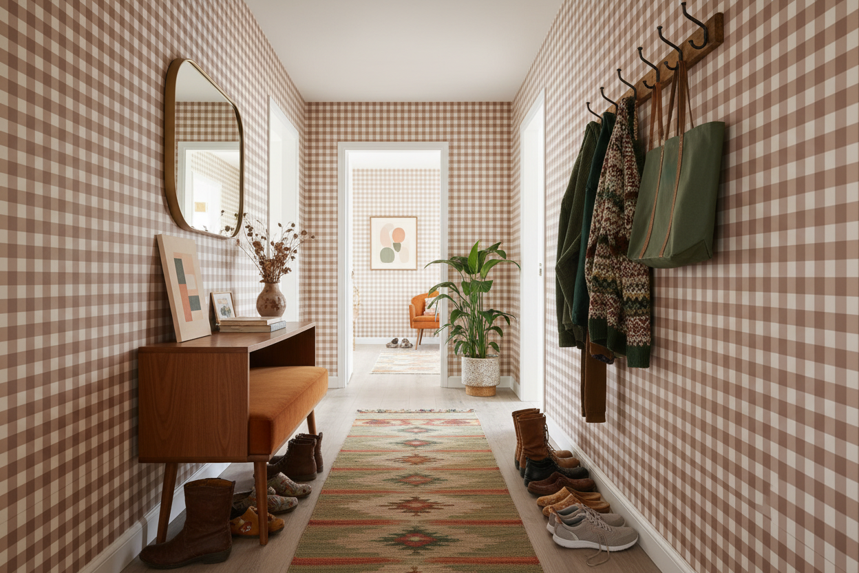Reval Wallpaper Gingham - Mole - Klassisk tapet med rutmönster i brunt – högkvalitativ tapet för en personlig och harmonis...