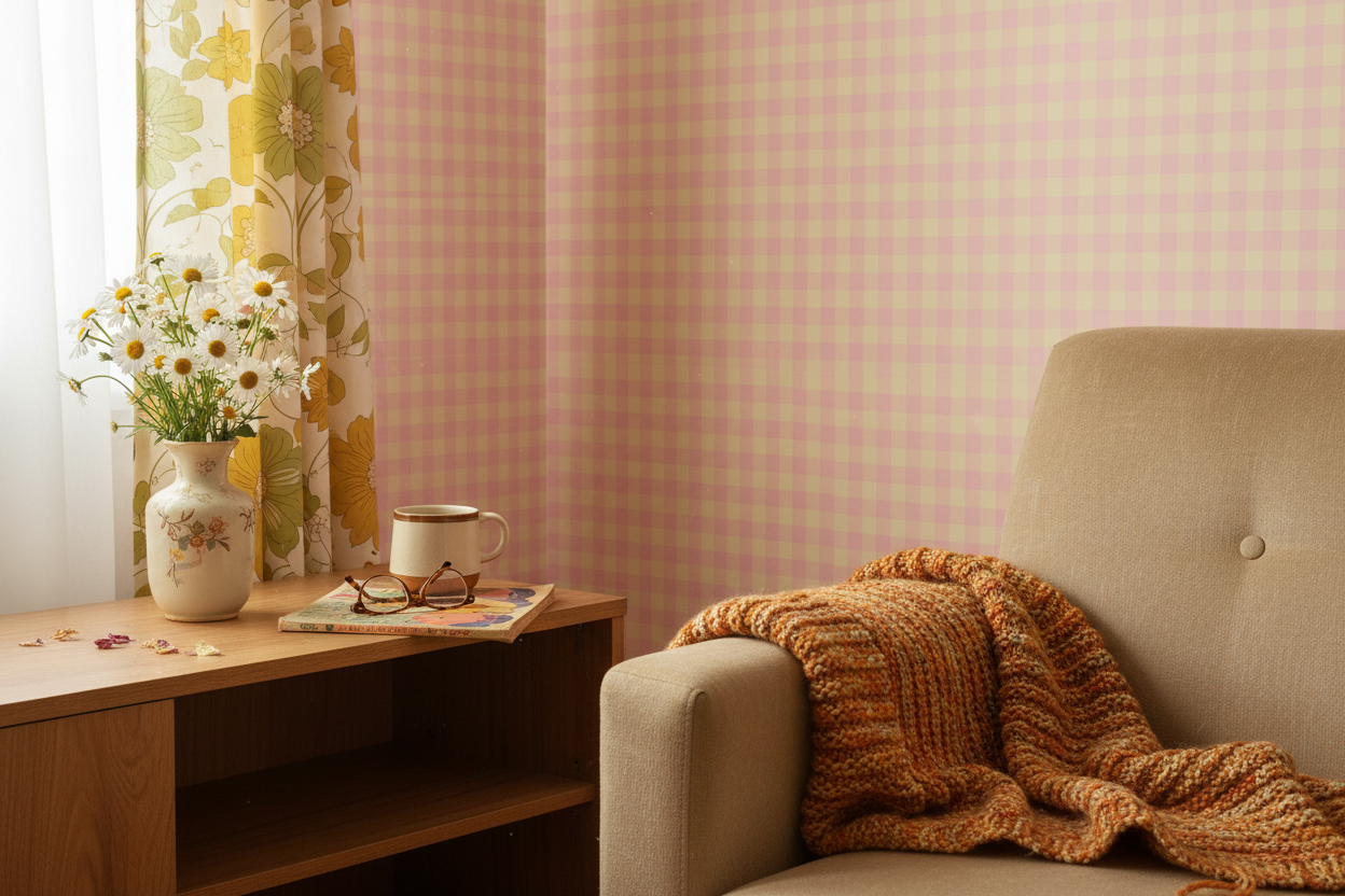 Reval Wallpaper Gingham - Cupcake - Klassisk tapet med rutmönster i rosa och gult – högkvalitativ tapet för en personlig o...