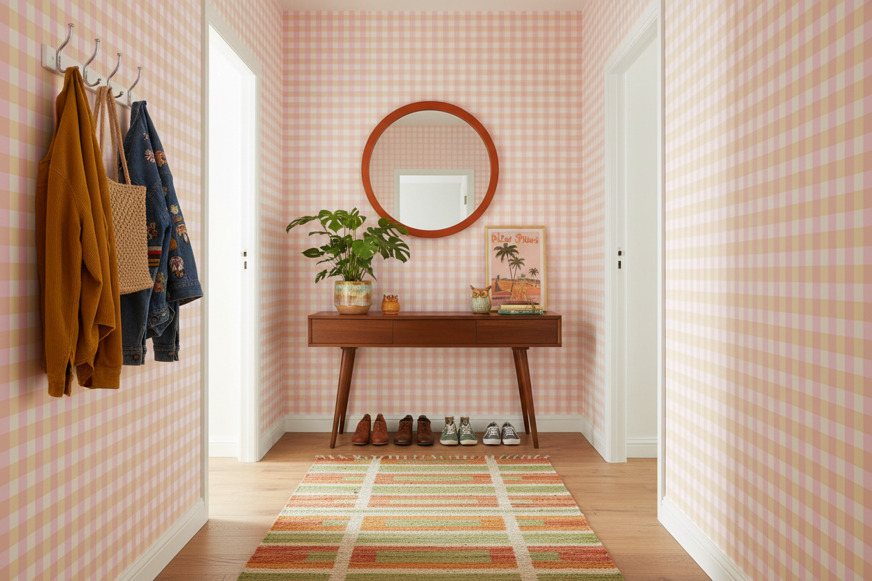 Reval Wallpaper Gingham - Cupcake - Klassisk tapet med rutmönster i rosa och gult – högkvalitativ tapet för en personlig o...