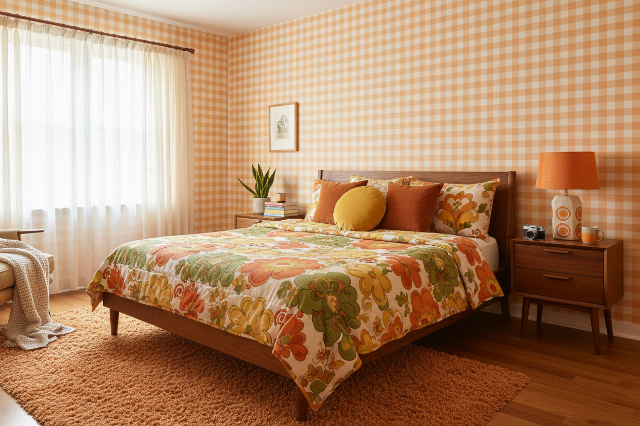 Reval Wallpaper Gingham - Kumquat - Klassisk tapet med rutmönster i orange och gult – högkvalitativ tapet för en personlig...