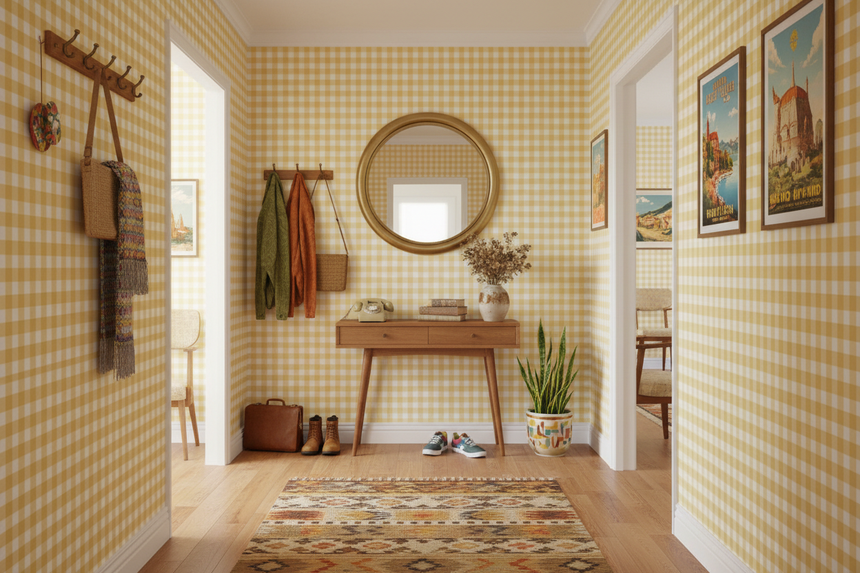 Reval Wallpaper Gingham - Sunflower - Klassisk tapet med rutmönster i gult – högkvalitativ tapet för en personlig och harm...