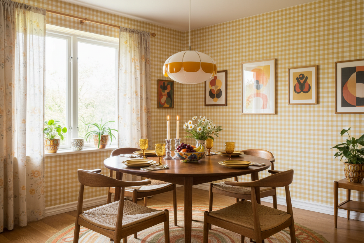 Gingham - Sunflower - Klassisk tapet med rutmönster i gult