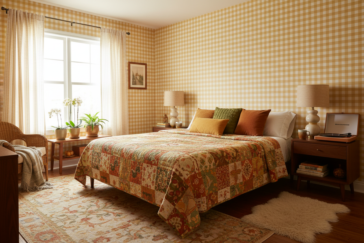 Reval Wallpaper Gingham - Sunflower - Klassisk tapet med rutmönster i gult – högkvalitativ tapet för en personlig och harm...