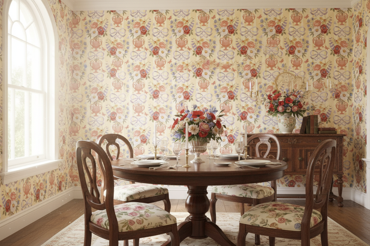 Victorian Vase – Elegant striped wallpaper with flowers and Victorian vases