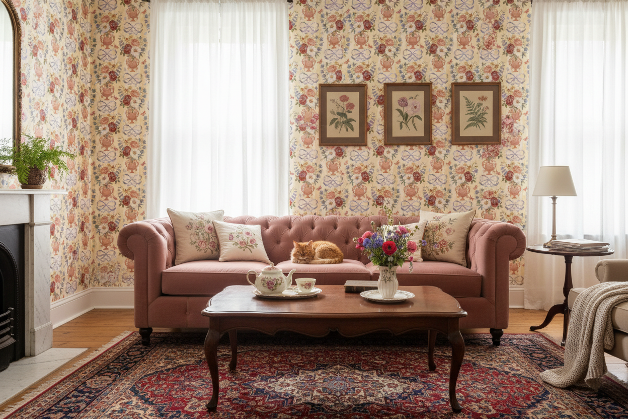 Victorian Vase – Elegant striped wallpaper with flowers and Victorian vases