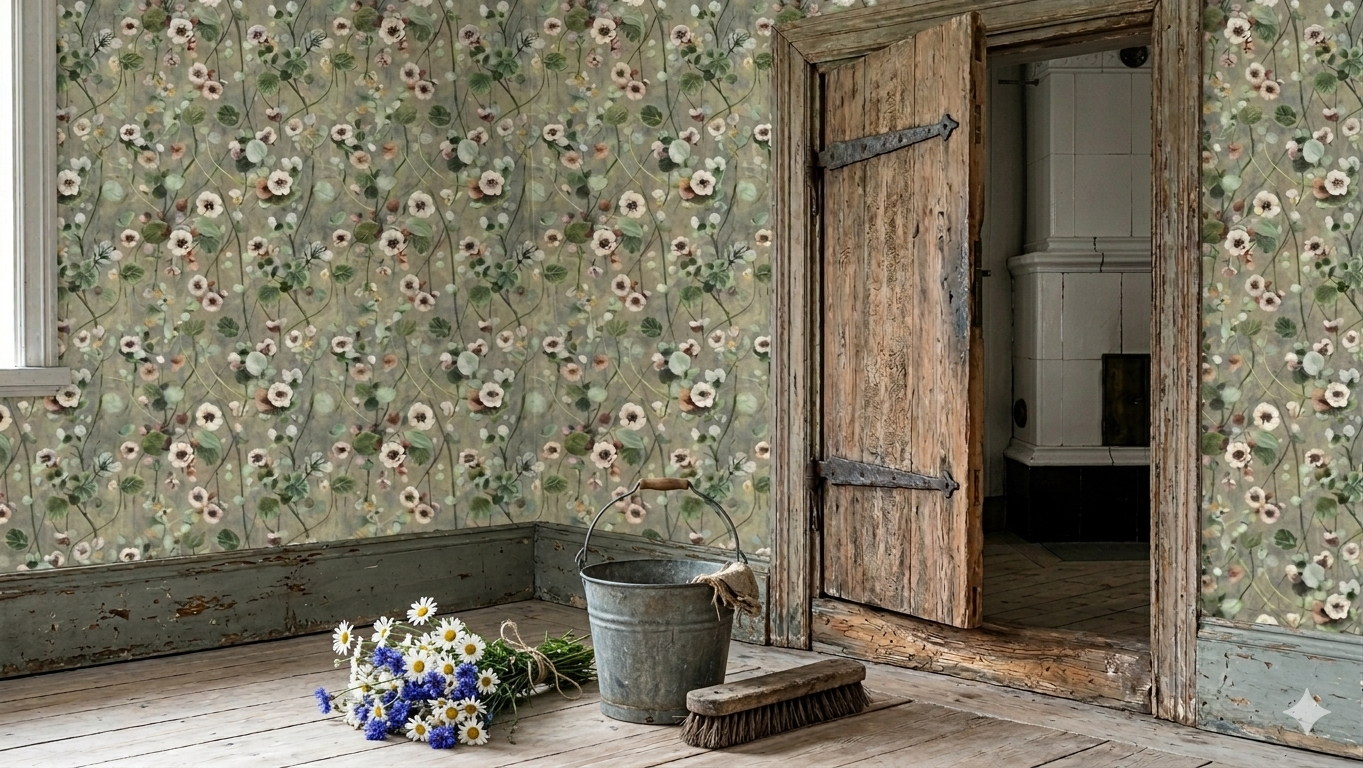 Krasse - Greyish - Hand-painted wallpaper with flowers in grey tones