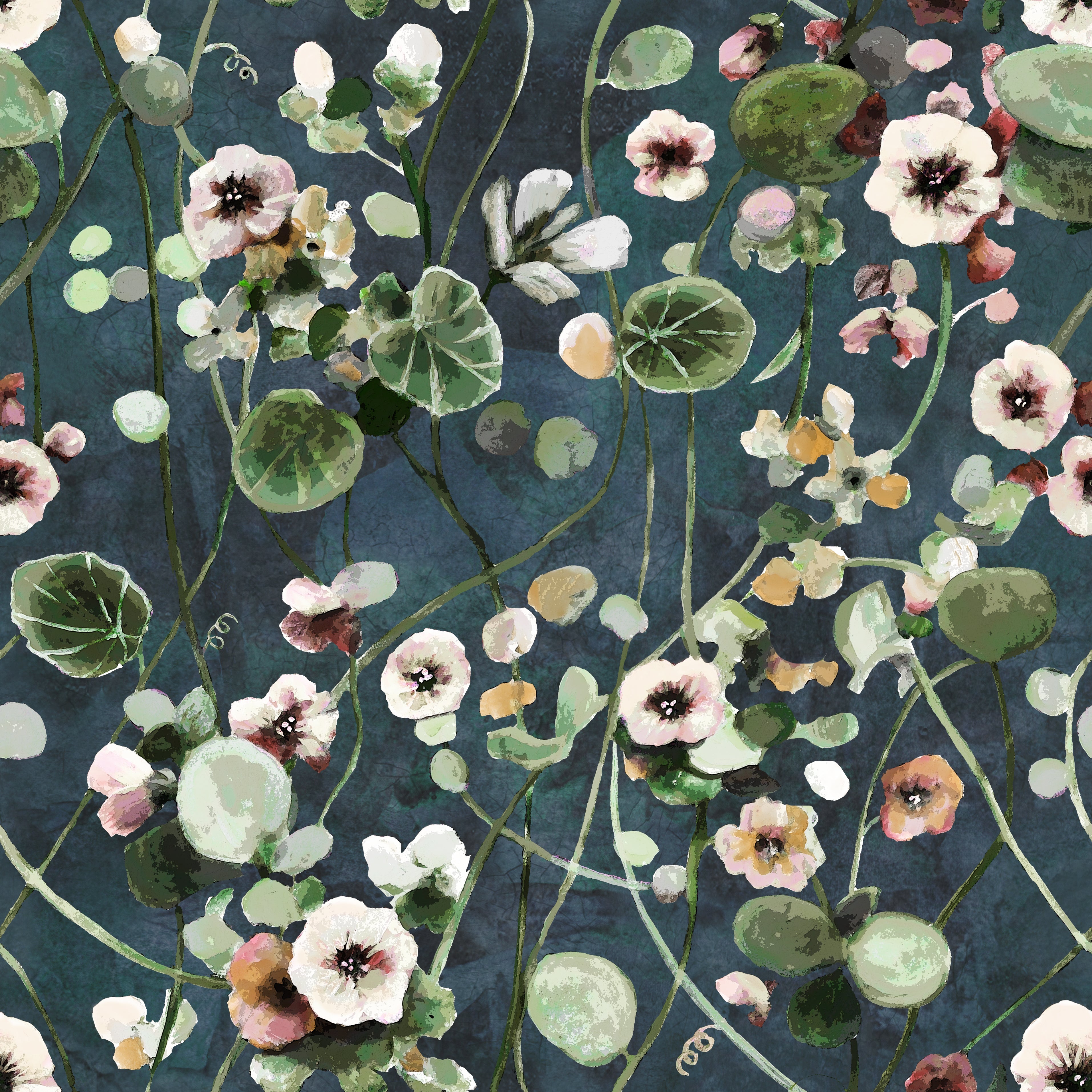 Krasse - Midnight Blå – Handmålad tapet med levande blommor i djupa blå toner