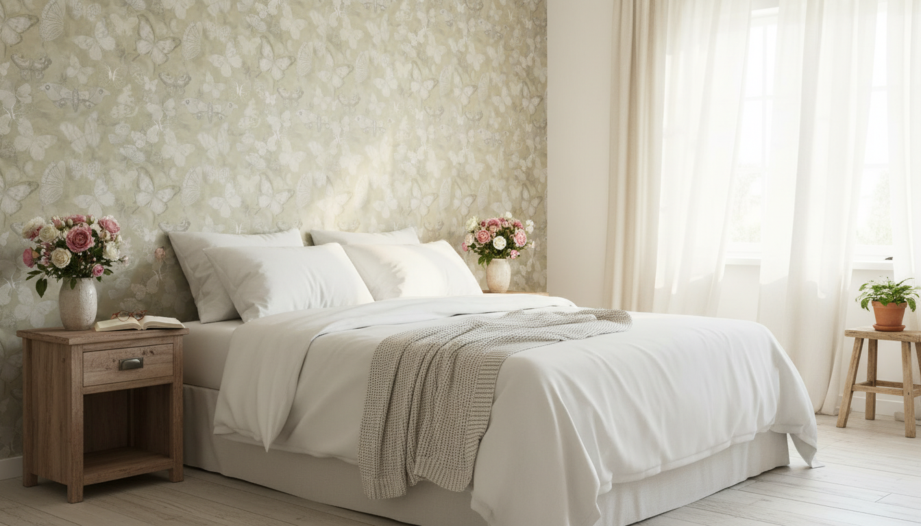 Mariposa - Khaki - Fjärilstapet i akvarell med melerad bakgrund