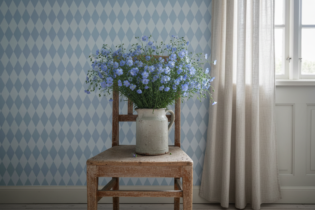 Wavy Diamond - Sky - Geometrisk tapet med vågiga diamanter i blå toner