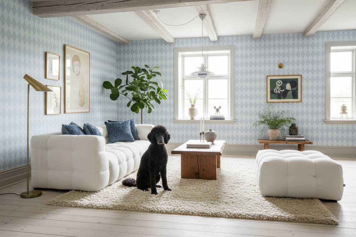 Wavy Diamond - Sky - Geometrisk tapet med vågiga diamanter i blå toner