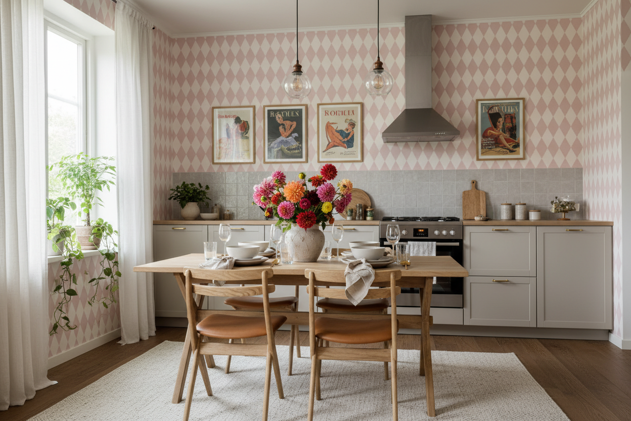 Wavy Diamond - Dusty Pink – Geometrisk tapet med retrokänsla