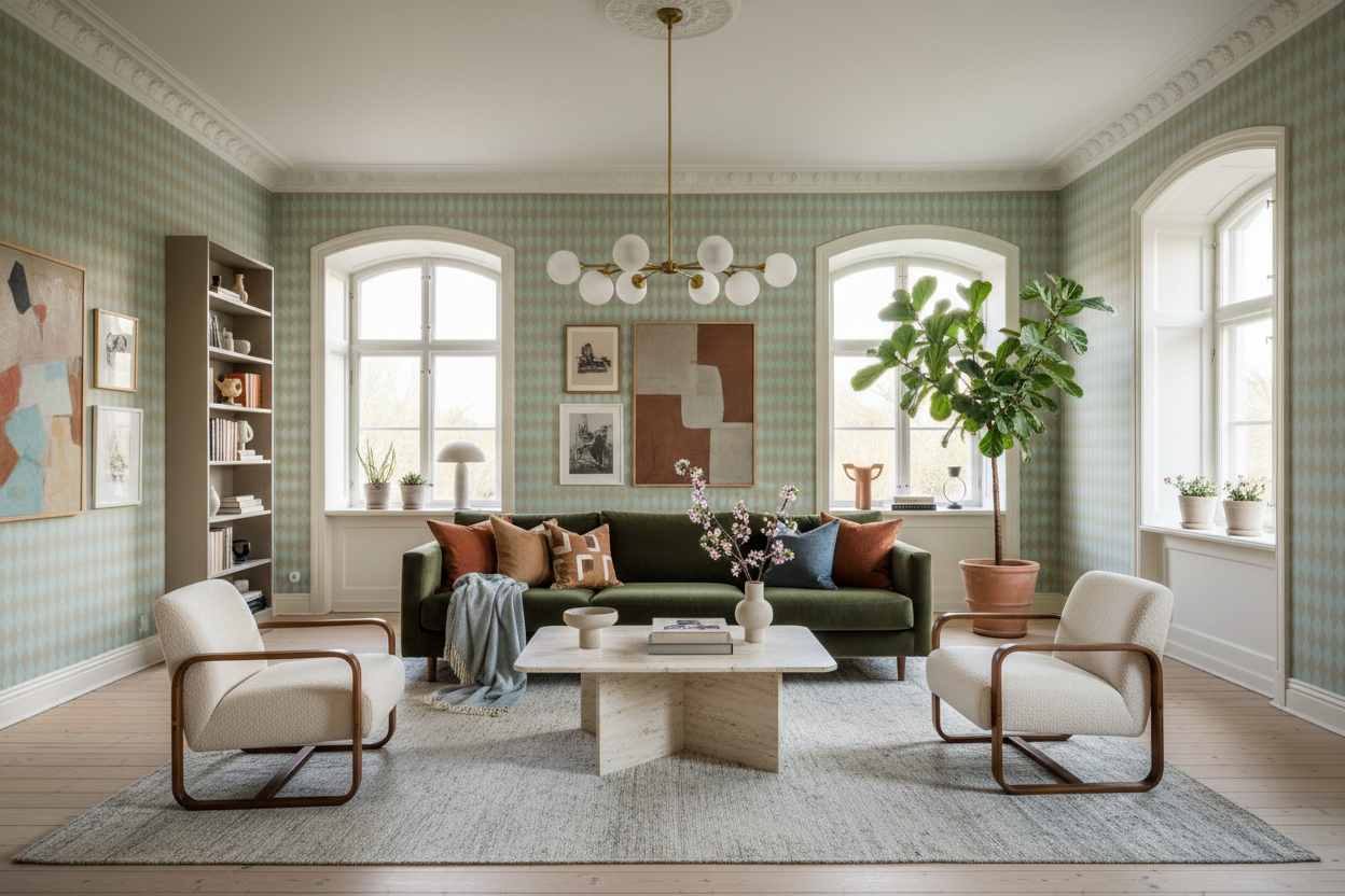 Wavy Diamond - Emerald - Geometrisk tapet med vågiga diamanter i gröna toner